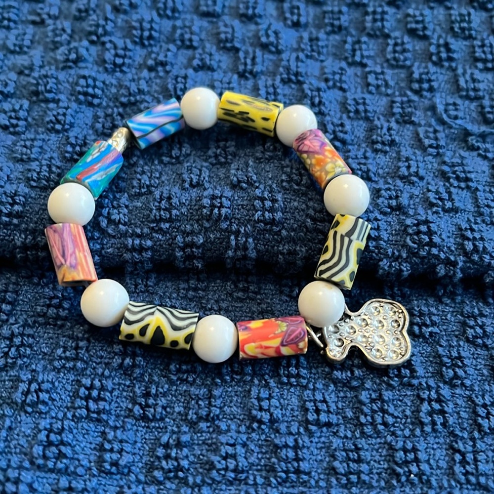 Bracelet, Girls, Millefiori clay beads, white ceramic beads, teddy bear charm